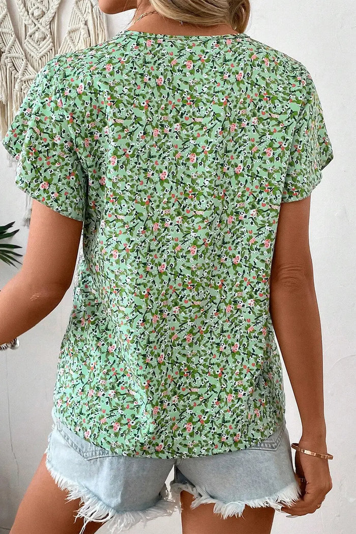 Green Boho Floral V Neck Wrap Short Sleeve Blouse - Tops/Blouses & Shirts