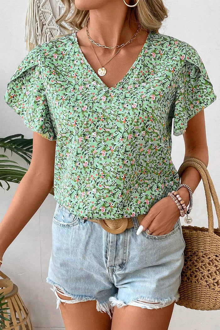 Green Boho Floral V Neck Wrap Short Sleeve Blouse - Tops/Blouses & Shirts