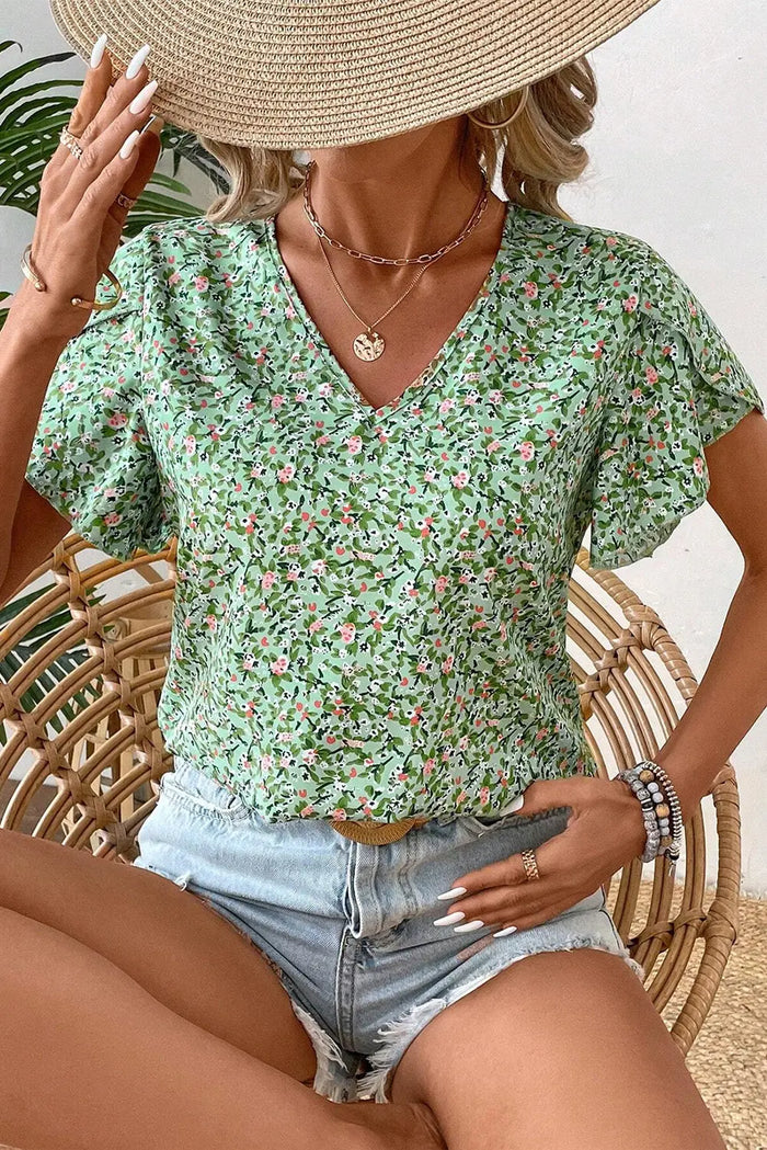 Green Boho Floral V Neck Wrap Short Sleeve Blouse - Tops/Blouses & Shirts