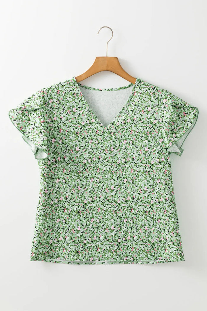 Green Boho Floral V Neck Wrap Short Sleeve Blouse - Tops/Blouses & Shirts