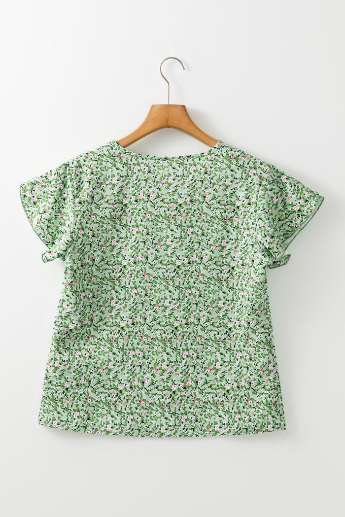 Green Boho Floral V Neck Wrap Short Sleeve Blouse - Tops/Blouses & Shirts