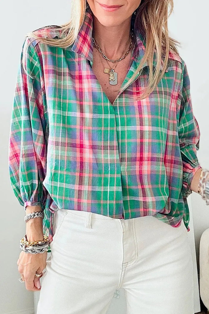 Shop Green Checkered 3/4 Sleeve Collared Loose Fit Shirt at eAura