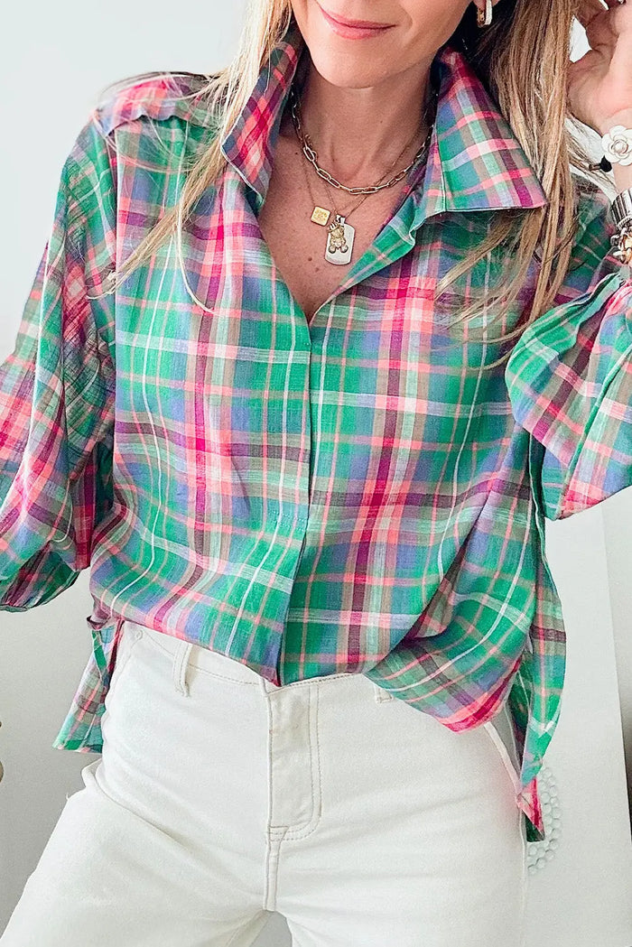 Shop Green Checkered 3/4 Sleeve Collared Loose Fit Shirt at eAura