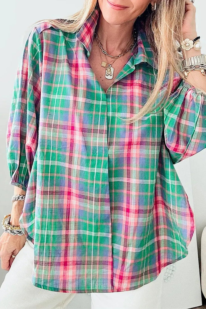 Shop Green Checkered 3/4 Sleeve Collared Loose Fit Shirt at eAura