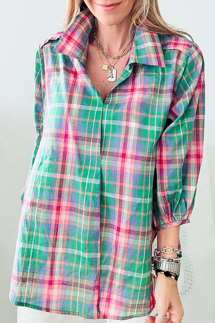 Shop Green Checkered 3/4 Sleeve Collared Loose Fit Shirt at eAura