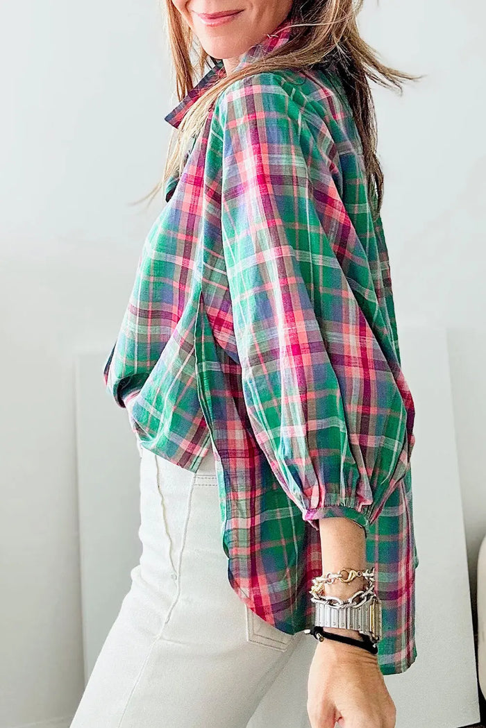 Shop Green Checkered 3/4 Sleeve Collared Loose Fit Shirt at eAura
