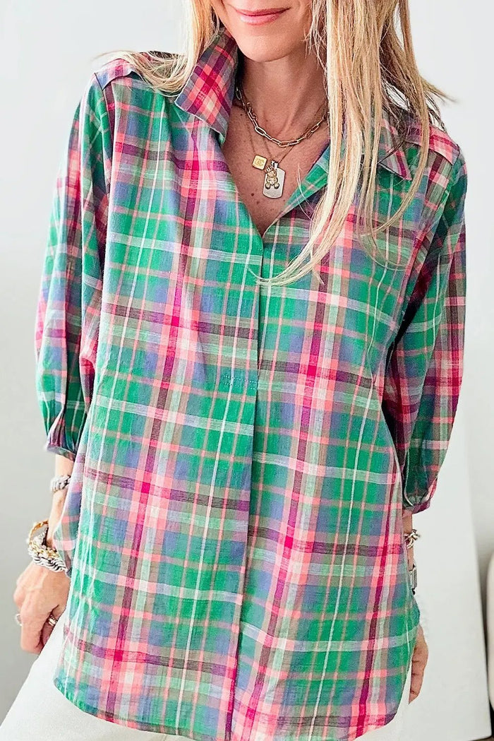 Shop Green Checkered 3/4 Sleeve Collared Loose Fit Shirt at eAura