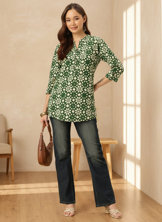 Green Floral Printed Mandarin Collar Tunic, Floral Printed Tunic, printed tunic, mandarin collar Tunic, casual wear Tunic, women’s tunic, Office Wear Tunic