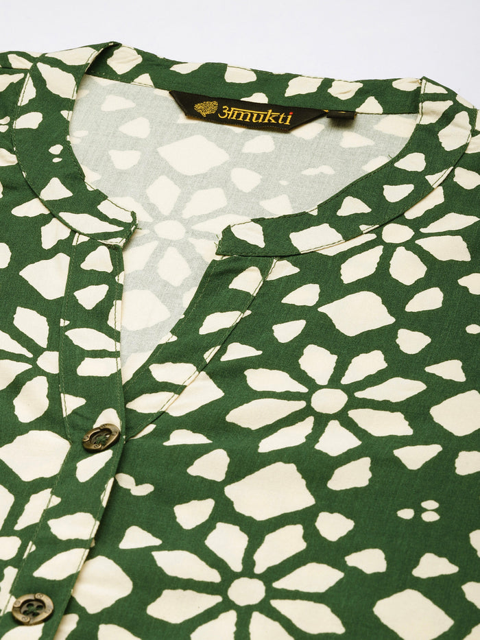 Green Floral Printed Mandarin Collar Tunic, Floral Printed Tunic, printed tunic, mandarin collar Tunic, casual wear Tunic, women’s tunic, Office Wear Tunic