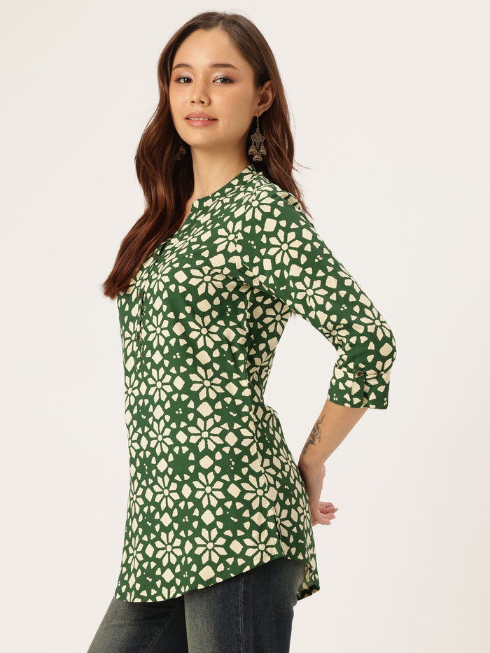 Green Floral Printed Mandarin Collar Tunic, Floral Printed Tunic, printed tunic, mandarin collar Tunic, casual wear Tunic, women’s tunic, Office Wear Tunic
