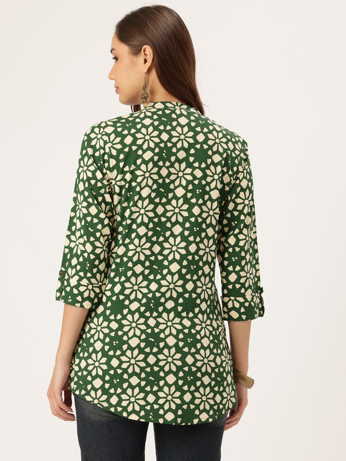 Green Floral Printed Mandarin Collar Tunic, Floral Printed Tunic, printed tunic, mandarin collar Tunic, casual wear Tunic, women’s tunic, Office Wear Tunic