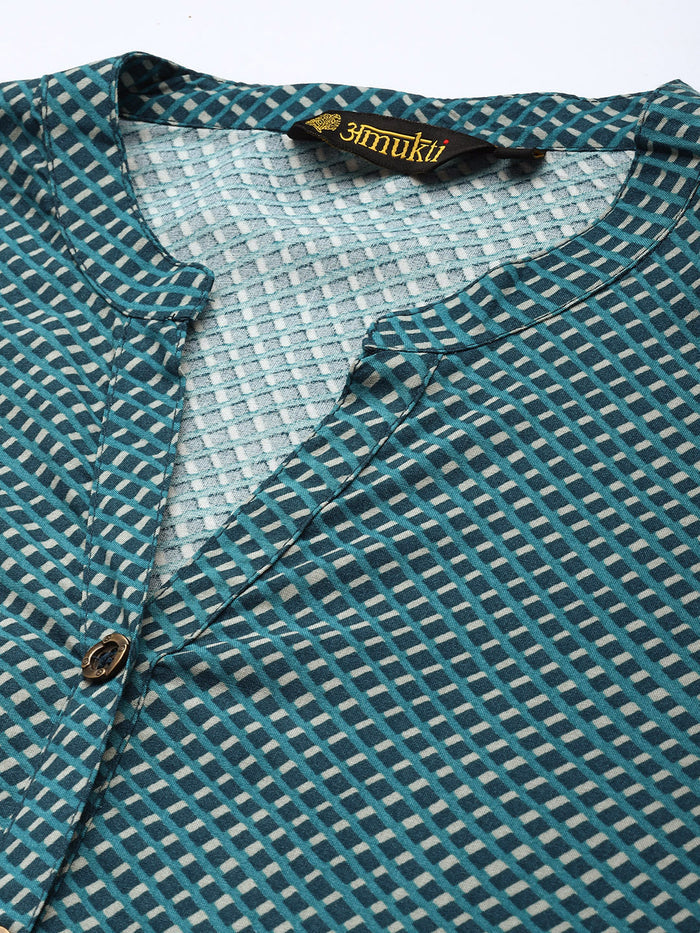 Green Geometric Printed Mandarin Collar Tunic, Short Kurta, Short Top