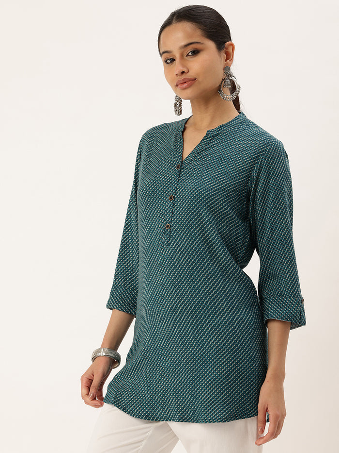 Green Geometric Printed Mandarin Collar Tunic, Short Kurta, Short Top