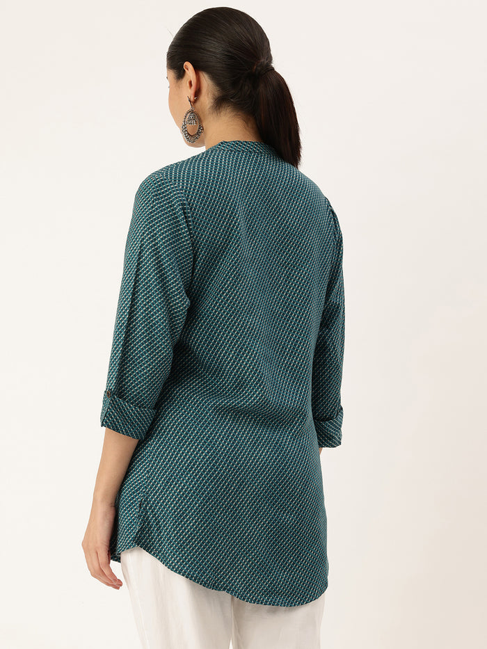 Green Geometric Printed Mandarin Collar Tunic, Short Kurta, Short Top