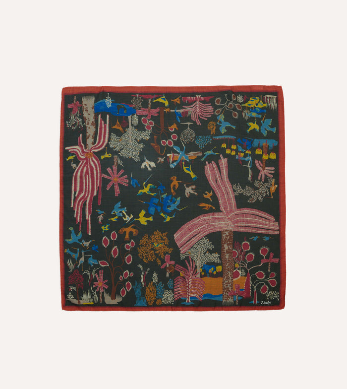 Green Palm Print Wool-Silk Bandana