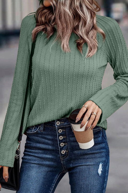 Green Ribbed Round Neck Knit Long Sleeve Top - Tops/Long Tops