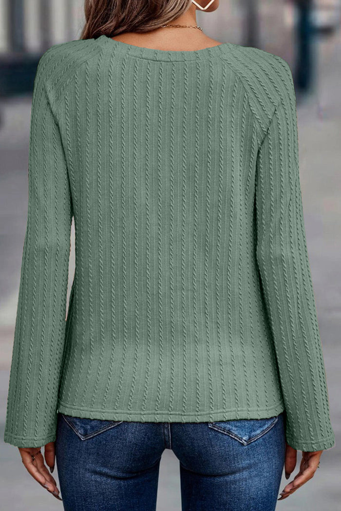 Green Ribbed Round Neck Knit Long Sleeve Top - Tops/Long Tops
