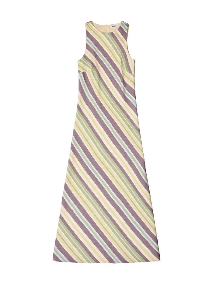 Green Stripe Racer-Neck Tie Back Dress With Linen