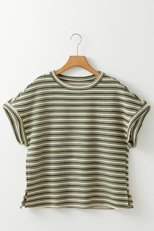 Green Stripe Textured Side Slits Crew Neck T Shirt - S / 50% Polyester + 50% Cotton - Tops/Tops & Tees