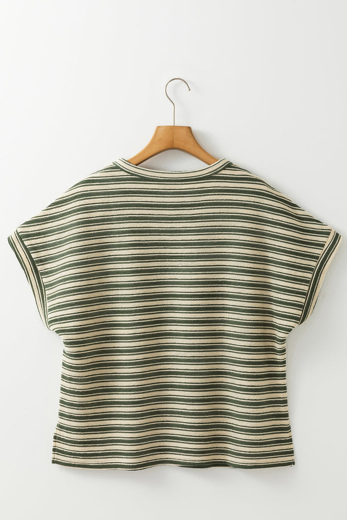 Green Stripe Textured Side Slits Crew Neck T Shirt - Tops/Tops & Tees