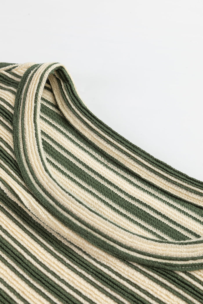 Green Stripe Textured Side Slits Crew Neck T Shirt - Tops/Tops & Tees