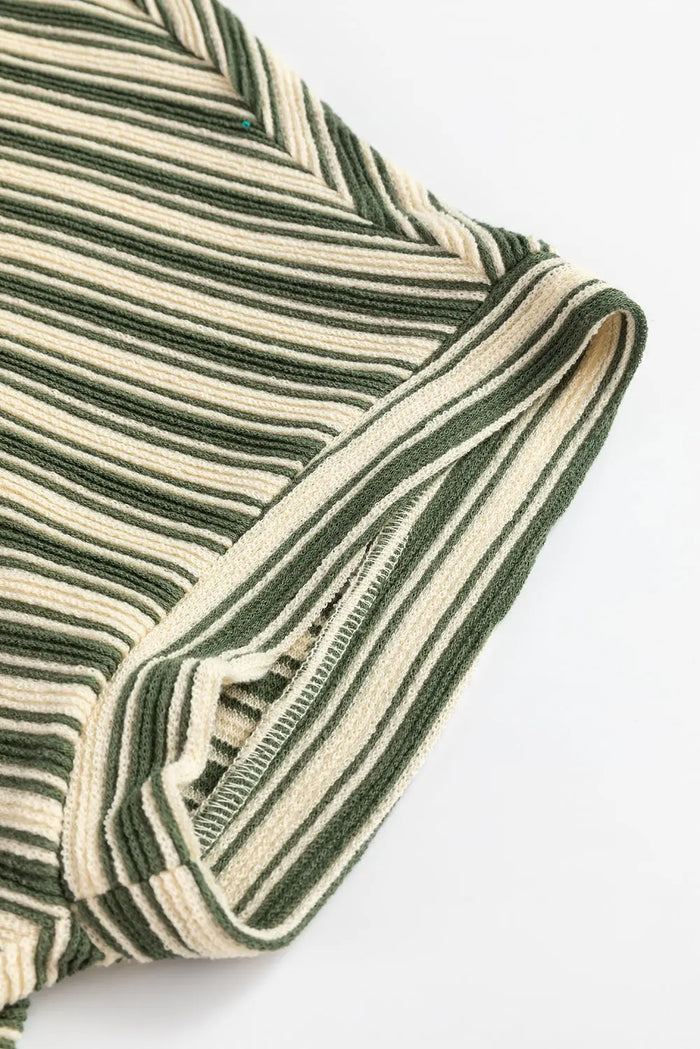 Green Stripe Textured Side Slits Crew Neck T Shirt - Tops/Tops & Tees