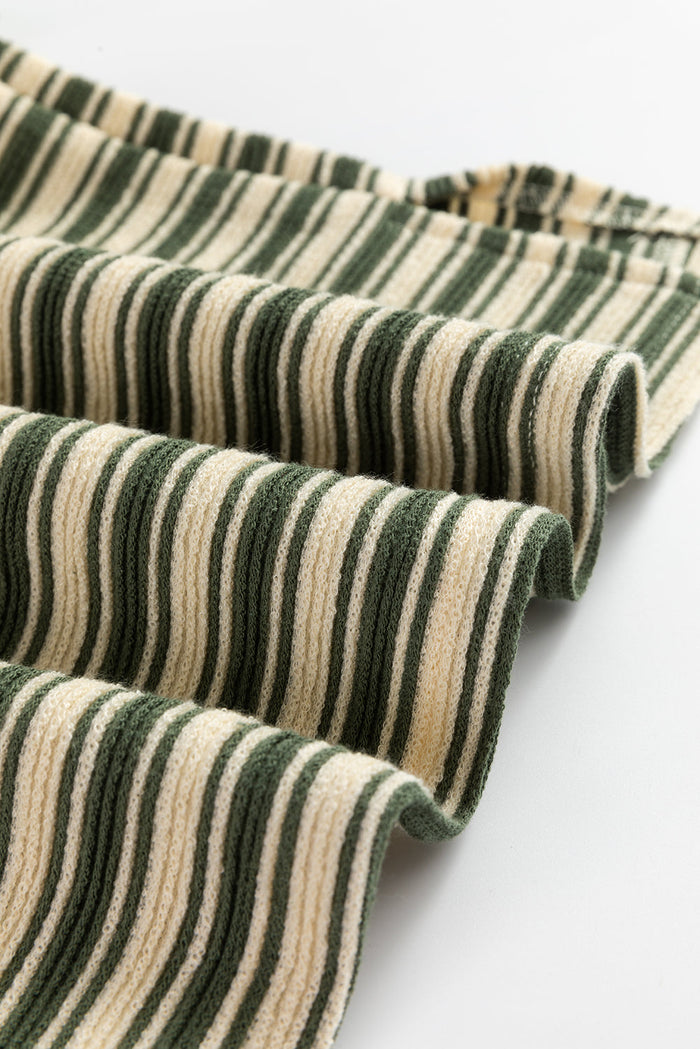 Green Stripe Textured Side Slits Crew Neck T Shirt - Tops/Tops & Tees