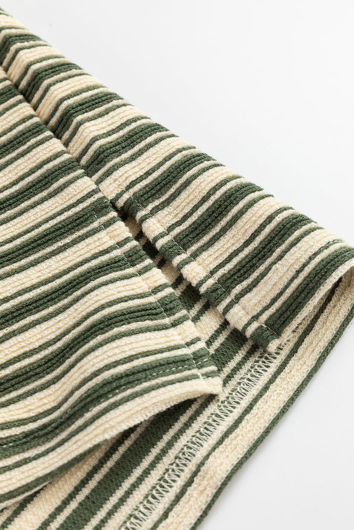 Green Stripe Textured Side Slits Crew Neck T Shirt - Tops/Tops & Tees