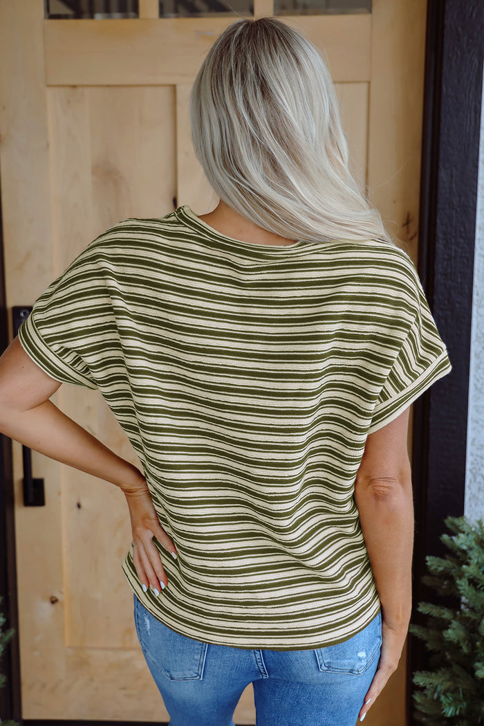 Green Stripe Textured Side Slits Crew Neck T Shirt - Tops/Tops & Tees