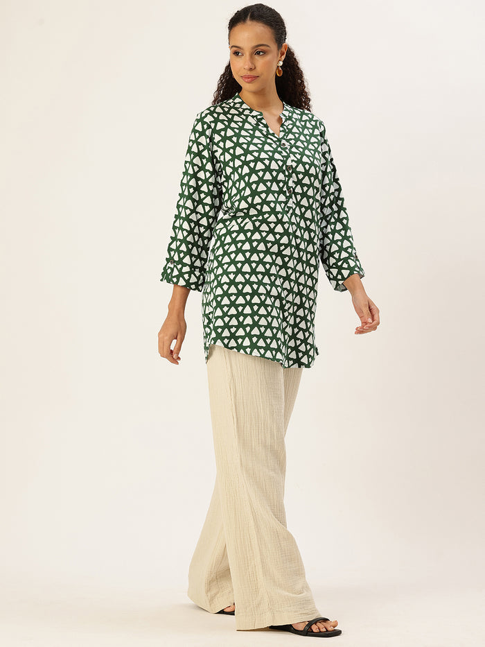 Green Viscose Rayon Mandarin Collar Printed Tunic, green tunic, printed tunic, mandarin collar tunic, viscose rayon tunic, Womens tunic top, ethnic tunic, Indian wear, casual wear, office wear