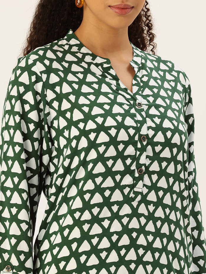Green Viscose Rayon Mandarin Collar Printed Tunic, green tunic, printed tunic, mandarin collar tunic, viscose rayon tunic, Womens tunic top, ethnic tunic, Indian wear, casual wear, office wear