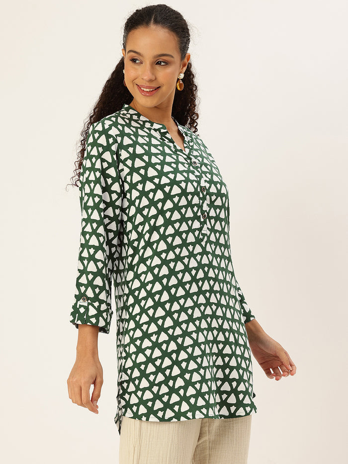 Green Viscose Rayon Mandarin Collar Printed Tunic, green tunic, printed tunic, mandarin collar tunic, viscose rayon tunic, Womens tunic top, ethnic tunic, Indian wear, casual wear, office wear