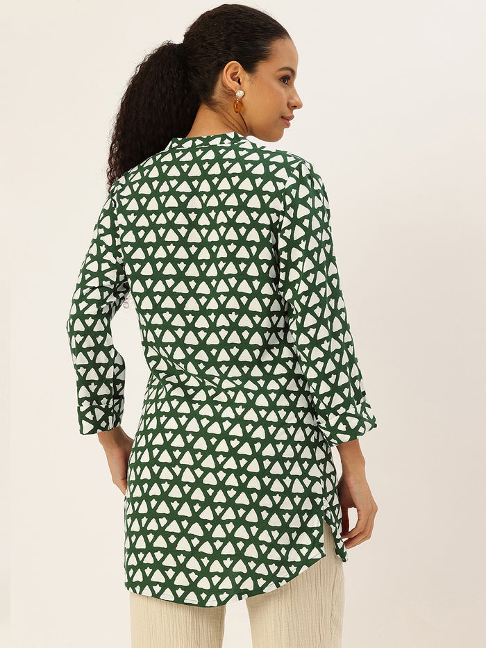 Green Viscose Rayon Mandarin Collar Printed Tunic, green tunic, printed tunic, mandarin collar tunic, viscose rayon tunic, Womens tunic top, ethnic tunic, Indian wear, casual wear, office wear