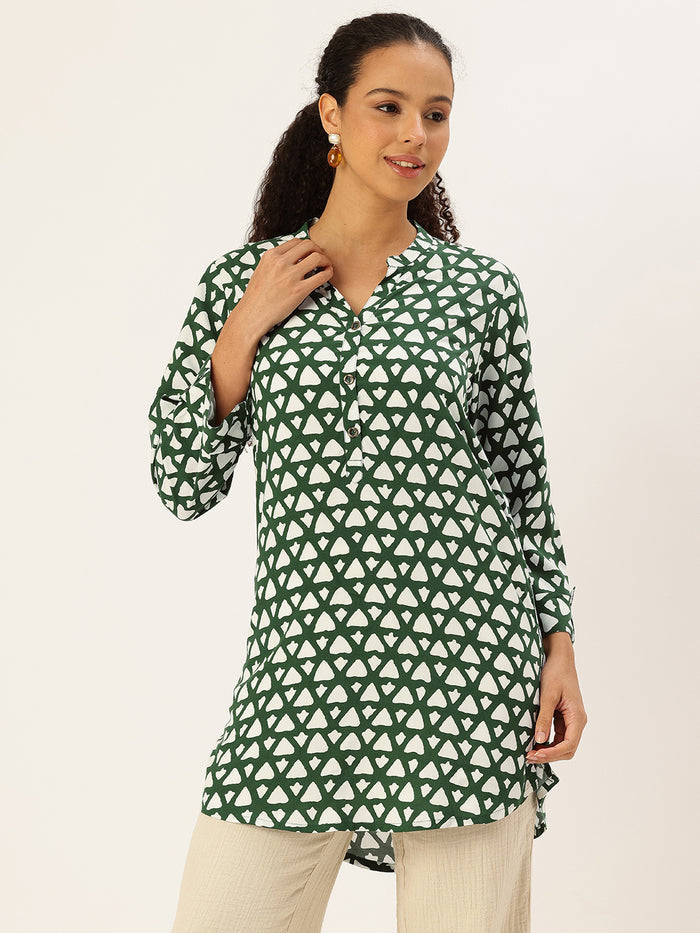 Green Viscose Rayon Mandarin Collar Printed Tunic, green tunic, printed tunic, mandarin collar tunic, viscose rayon tunic, Womens tunic top, ethnic tunic, Indian wear, casual wear, office wear
