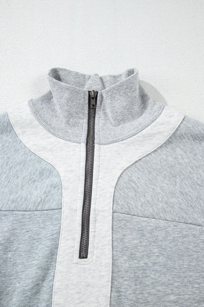 Grey Half Zipper Collared Drop Shoulder Side Slits Sweatshirt - Tops/Sweatshirts & Hoodies