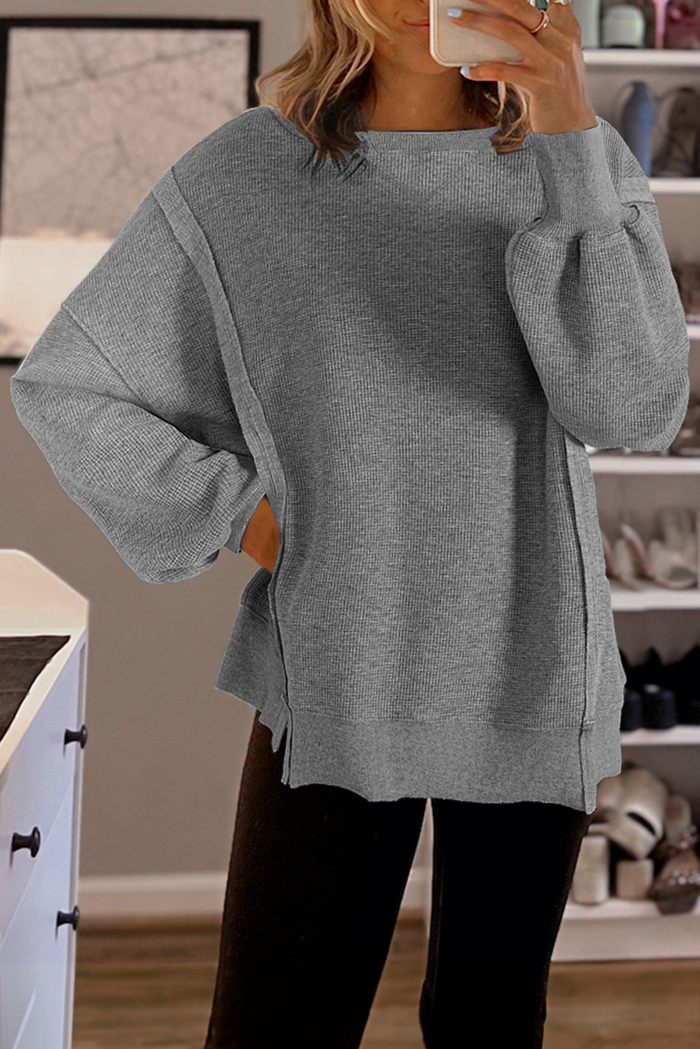 Grey Waffle knit Bishop Sleeve Split Oversized Top - GRAY / S / 60% COTTON + 40% POLYESTER - Tops/Long Tops