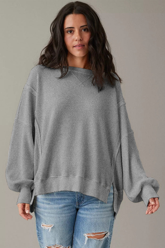 Grey Waffle knit Bishop Sleeve Split Oversized Top - Tops/Long Tops