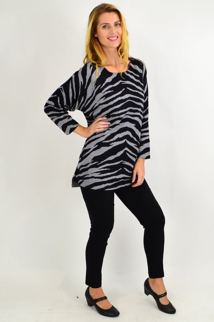Grey zebra wool blend tunic jumper by Cali&Co, featuring a relaxed fit and zebra pattern, perfect for casual and layered looks.