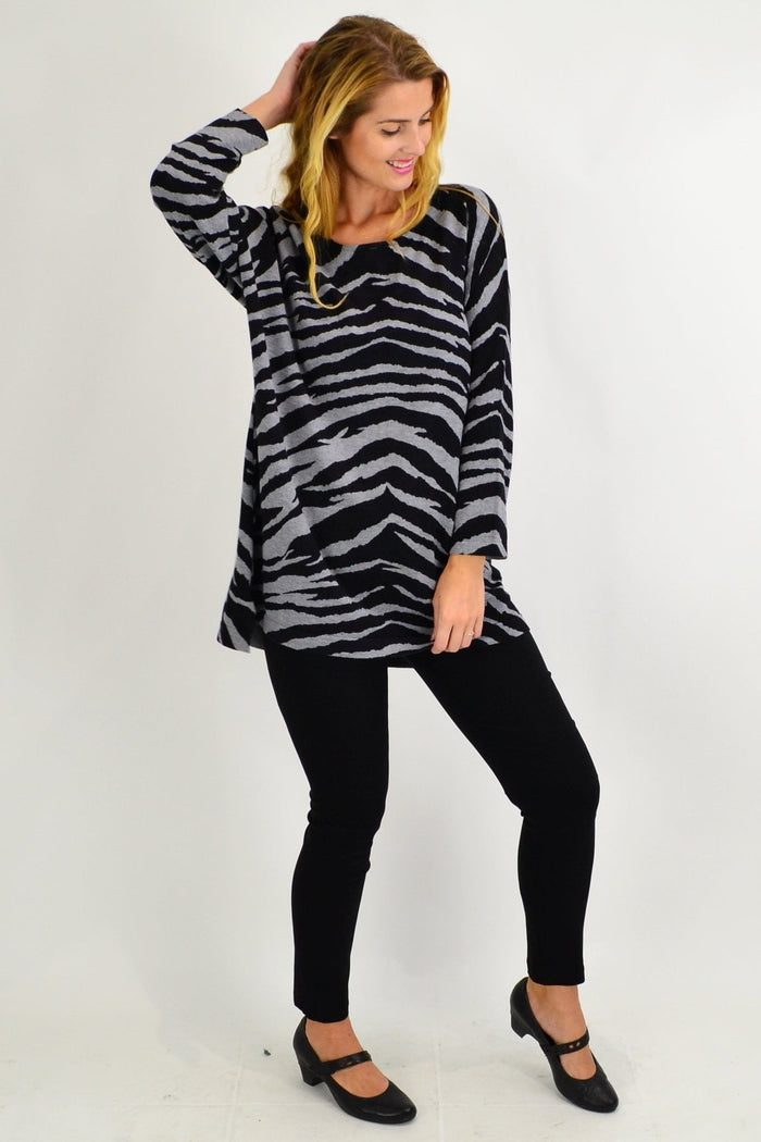 Grey zebra print wool blend tunic jumper by Cali&Co, featuring a relaxed fit and stylish design.