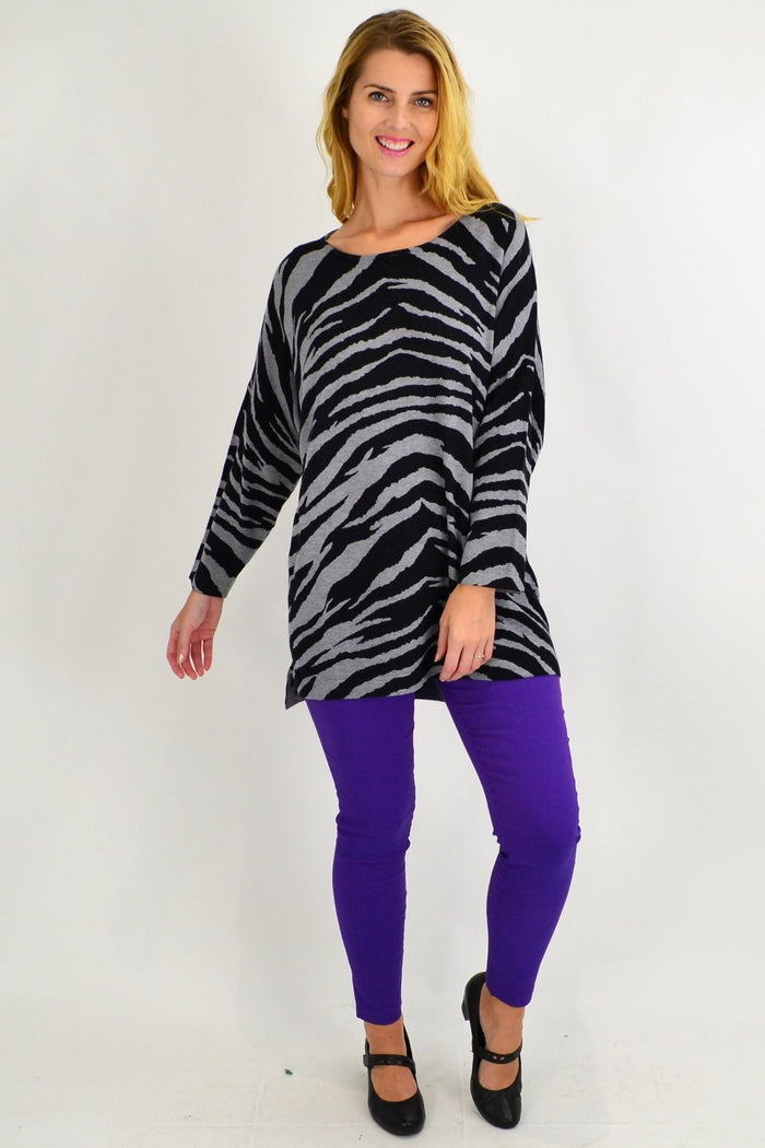 Grey Zebra Wool Blend Tunic Jumper by Cali&Co, featuring a cozy knit fabric and zebra pattern, worn as a stylish tunic.