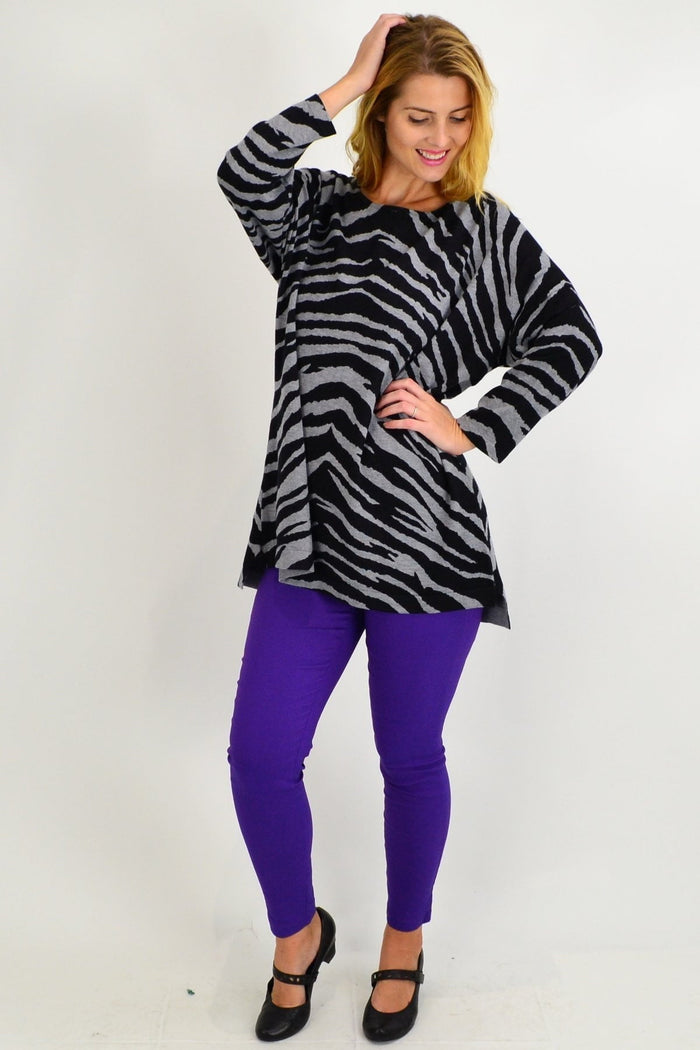 Grey zebra print wool blend tunic jumper by Cali&Co, featuring a relaxed fit and stylish pattern, ideal for casual wear.