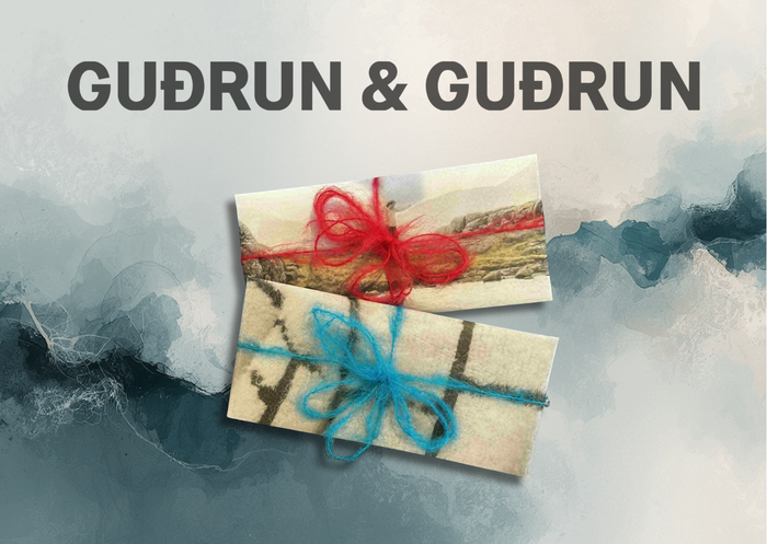 Two wrapped packages with red and blue ribbons on a textured background with 'GUßrun & GUßrun' text.