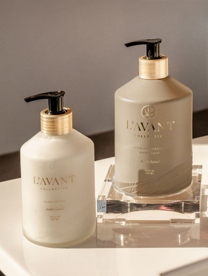 L'AVANT Ambre Santal hand lotion and soap on marble tray