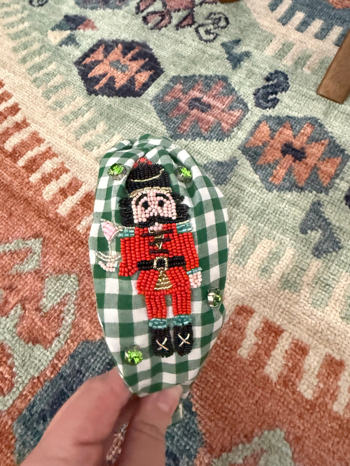 Headed Nutcracker Headband in Green Plaid