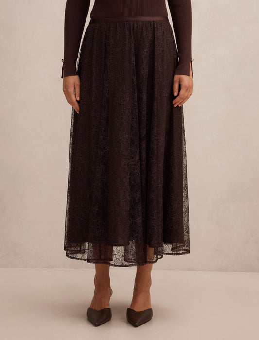 Heather Lace Midi Skirt Chocolate Forever New