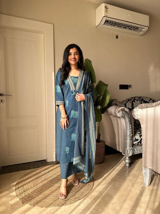Heena Ajrakh Cotton Suit- Blue