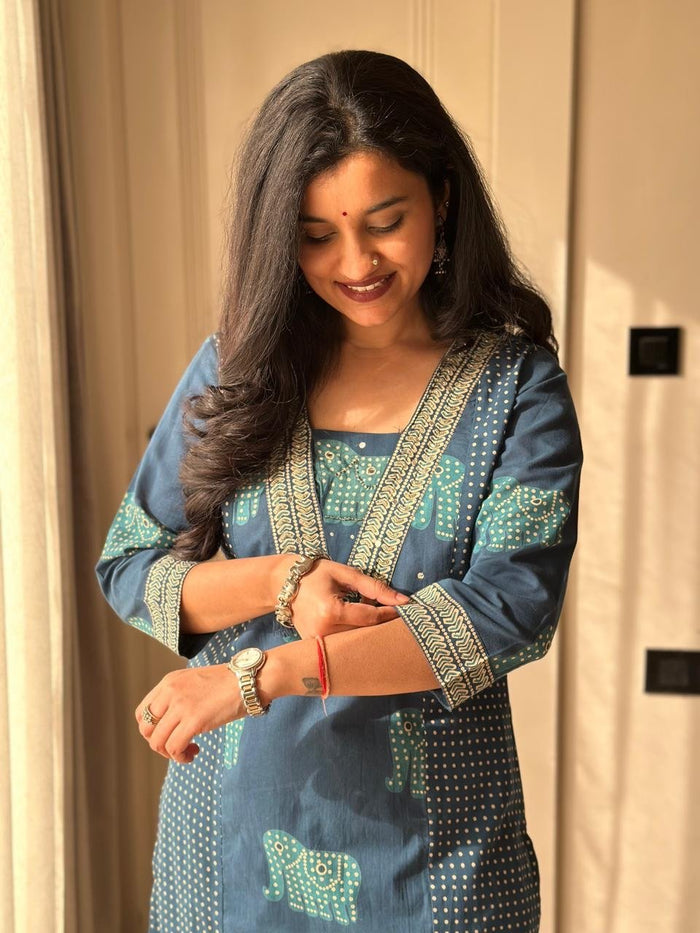 Heena Ajrakh Cotton Suit- Blue