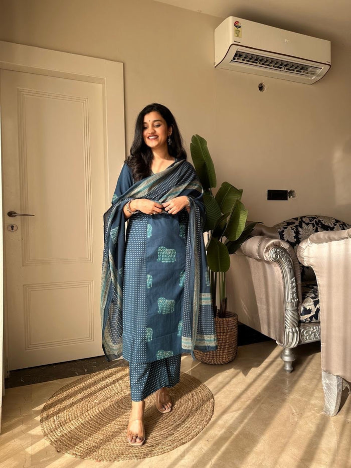 Heena Ajrakh Cotton Suit- Blue