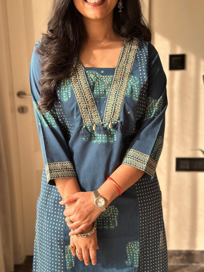 Heena Ajrakh Cotton Suit- Blue
