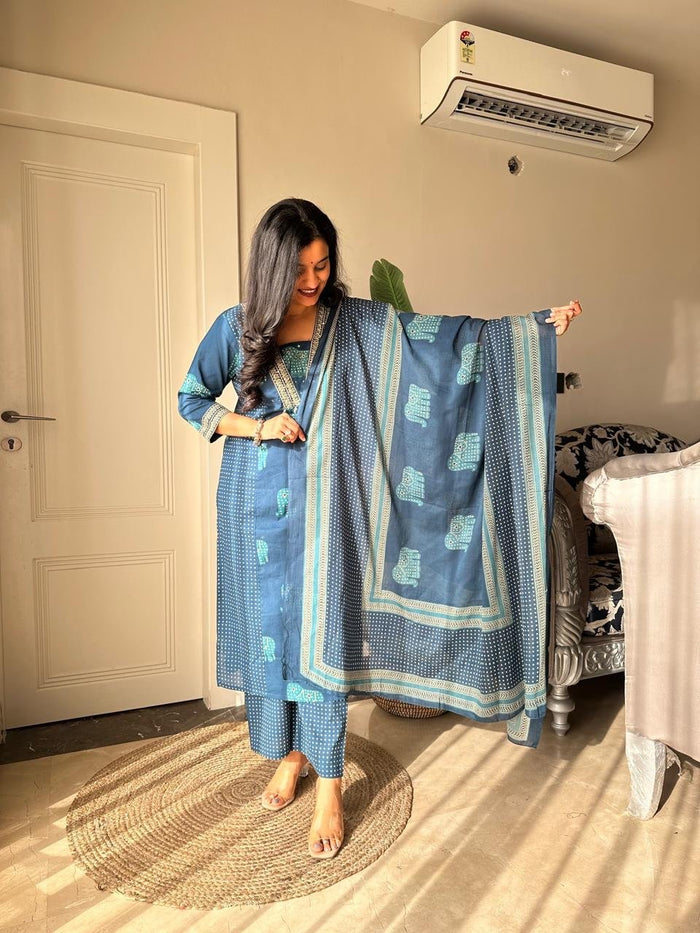 Heena Ajrakh Cotton Suit- Blue
